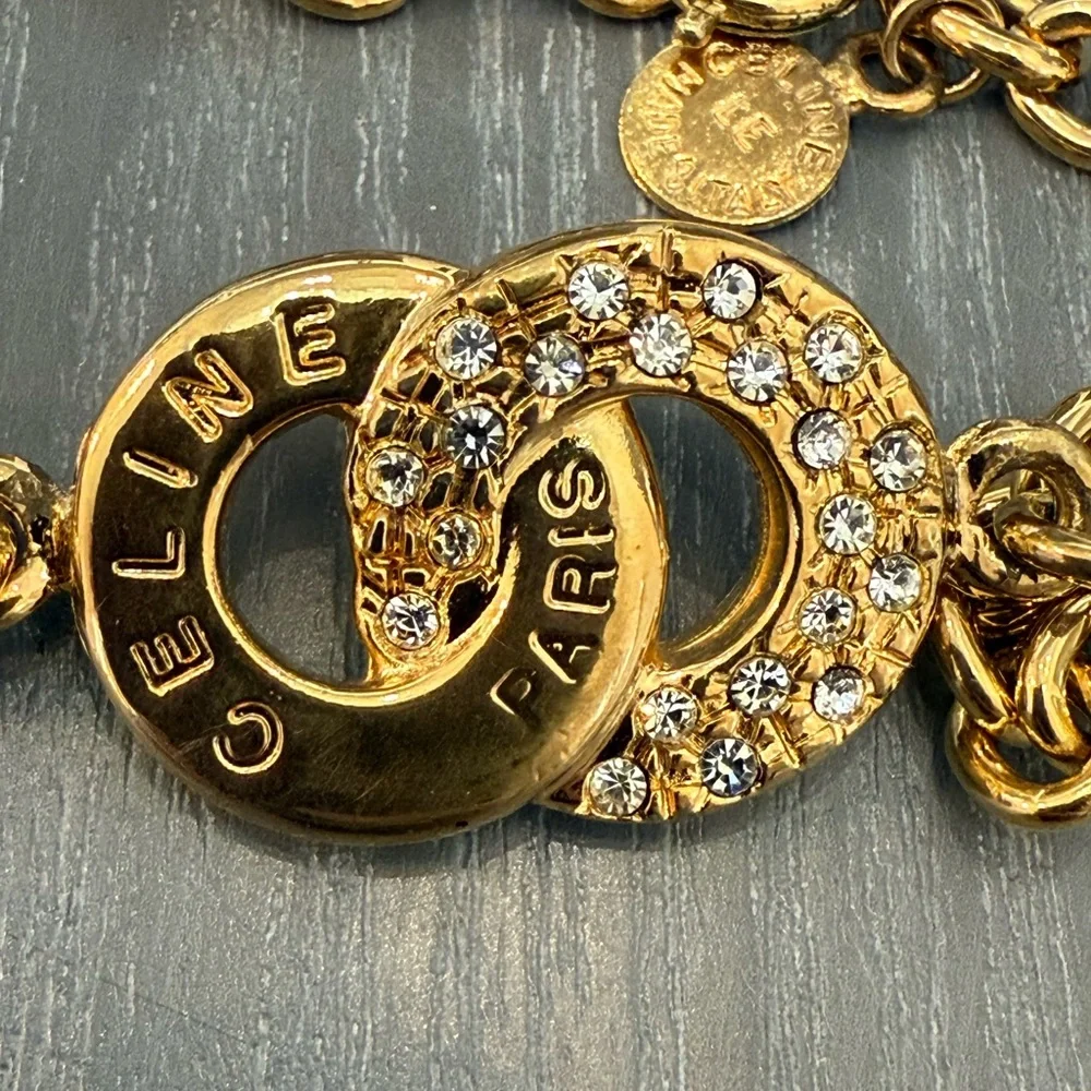 CELINE vintage gold plated circle logo Bracelet with rhinestones - Picture 5 of 5